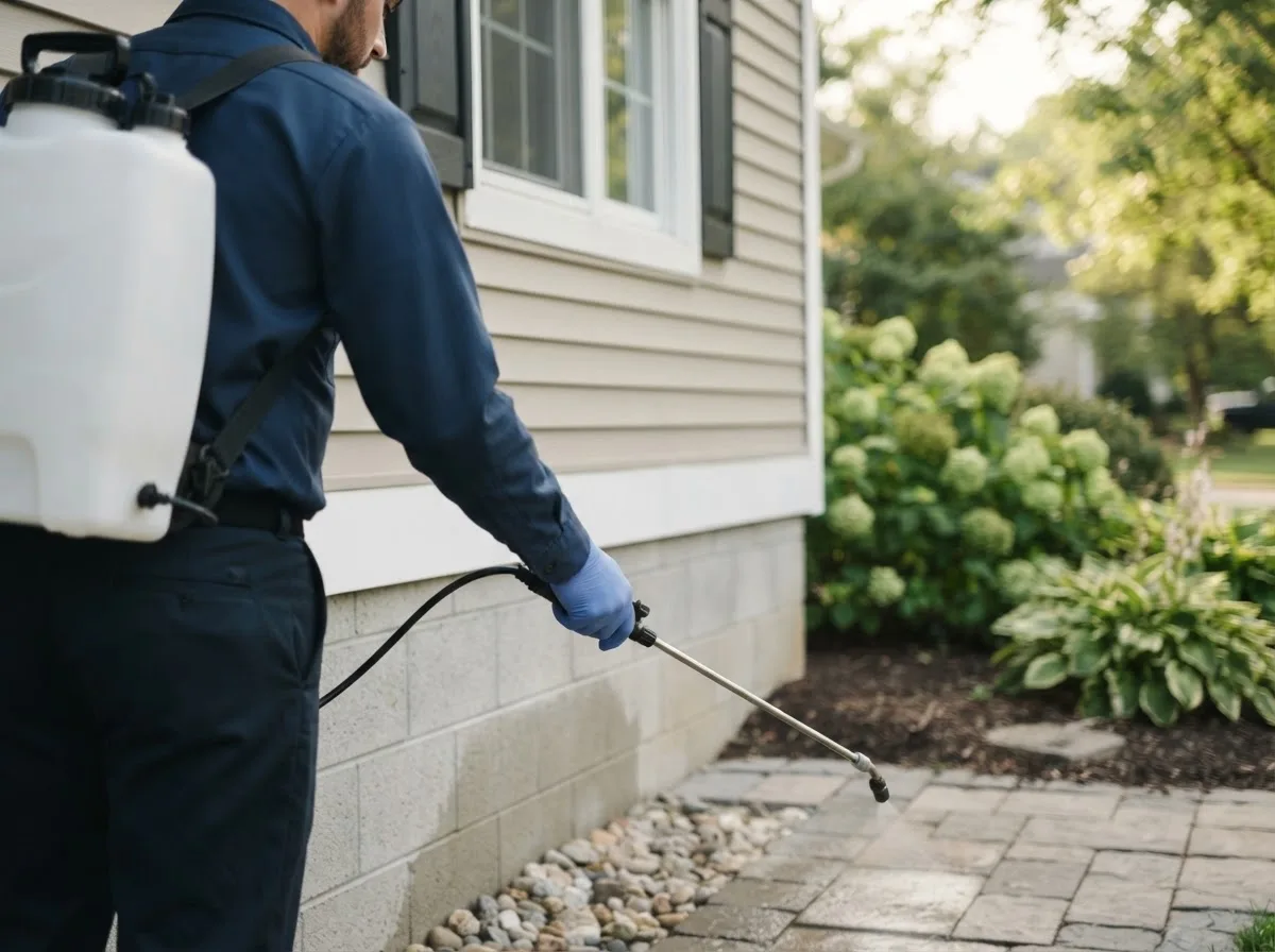 Pest control technician inspecting a home in Fairchild, WI